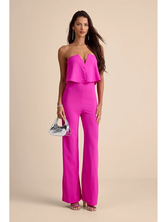Lulus Pants - Strapless Fuchsia Jumpsuit with Wide Legs